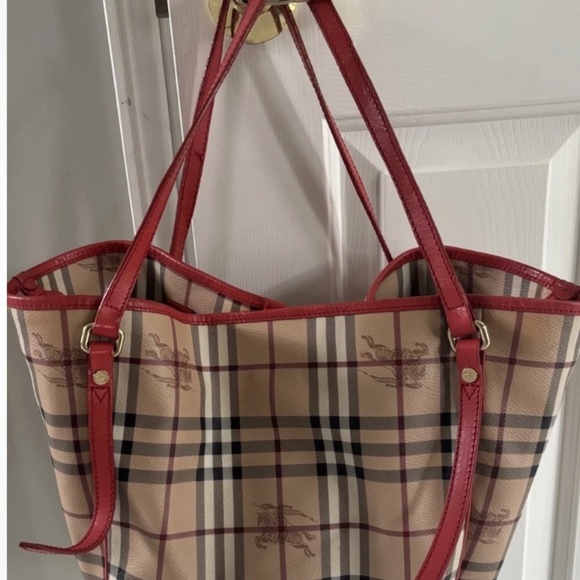 BURBERRY CANTERBURY TOTE PURSE HAYMARKET NOVA CHECK & POUCH RED TRIM NICE - Picture 1 of 7